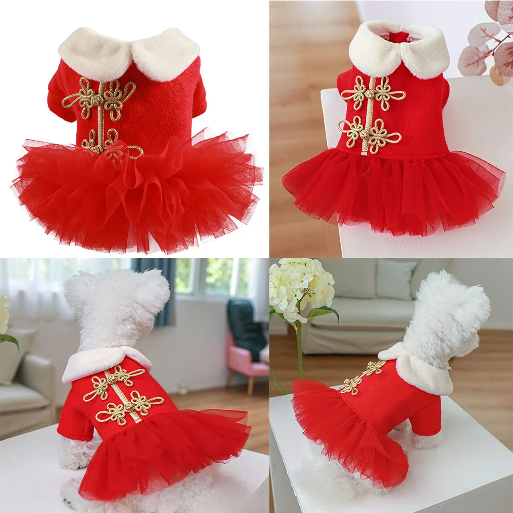 Christmas Chinese Style Dog Dress Breathable And Warm Red Pet Princess Dress New Year Puppy Outfit Trendy Party Dog Clothes