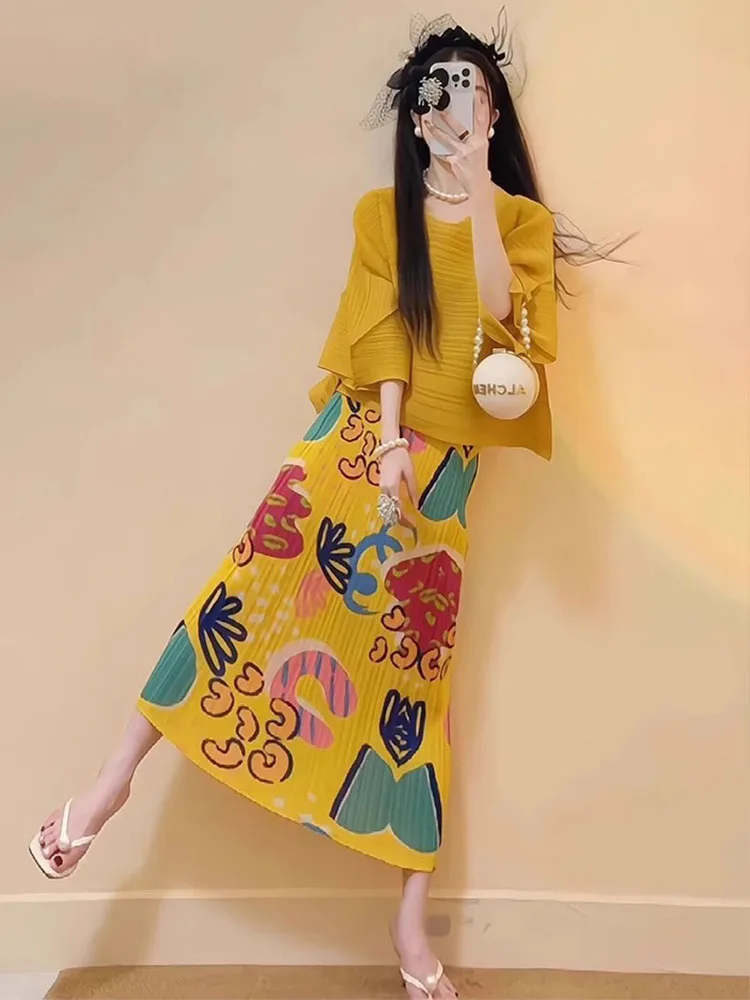 

Красивый летний комплект: свободный желтый топ и юбка с цветочным принтом, плиссированный ансамбль в корейском стиле сашико для женщин