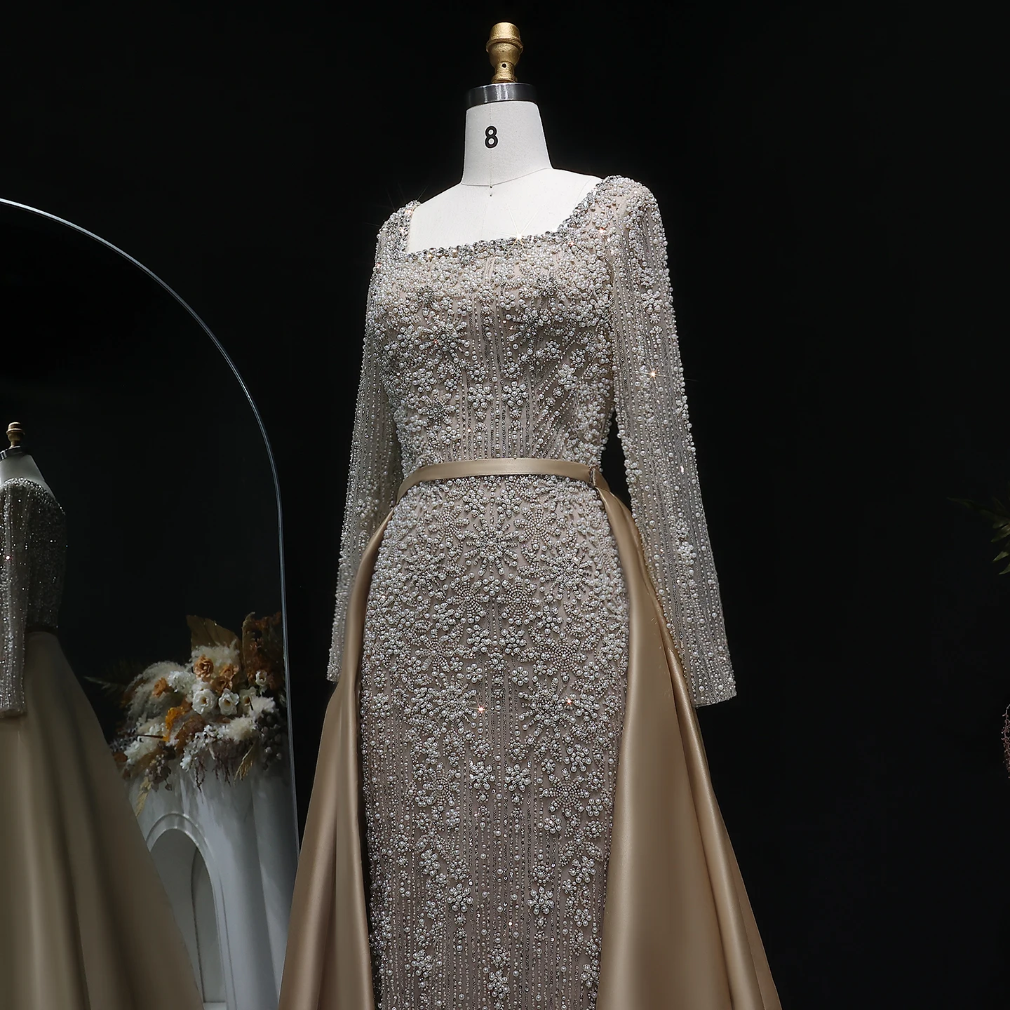 Sharon Said Champagner Meerjungfrauen-Abendkleid mit langen Ärmeln, Überrock, Perlenbesatz, Arabian Nights Ballkleid, formelles Kleid SS119, maßgeschneidert – Detail 16