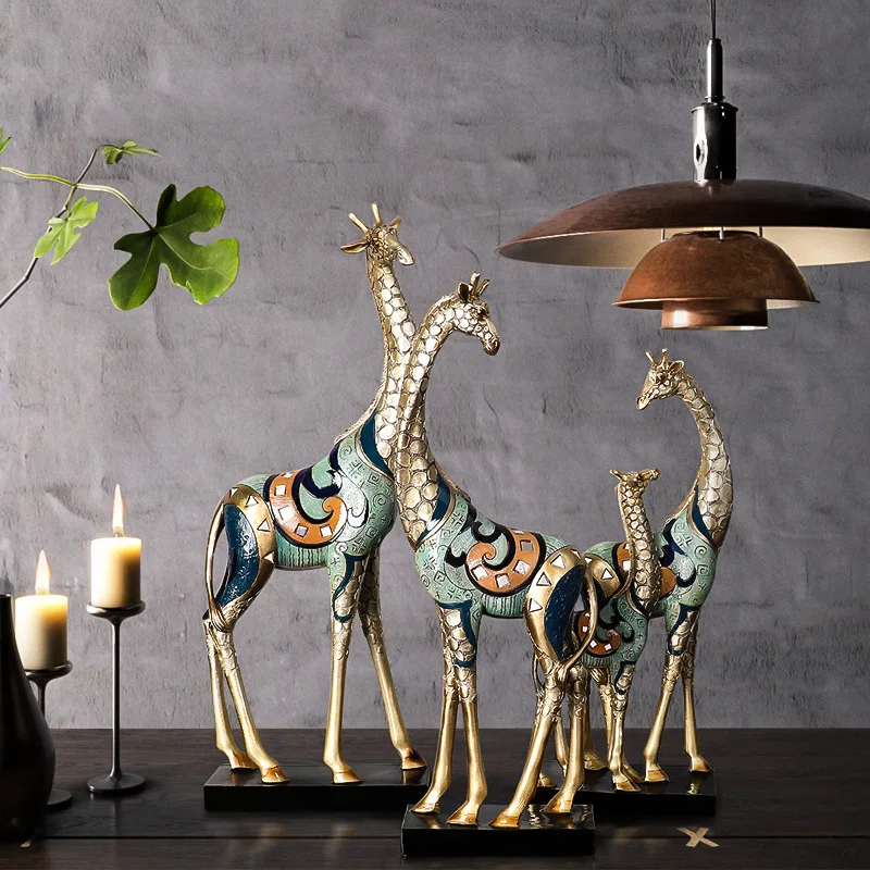 Simulation Animal Sculpture Giraffe Mother and Child Painted Statue Modern Home Decoration Golden Handicraft Ornaments