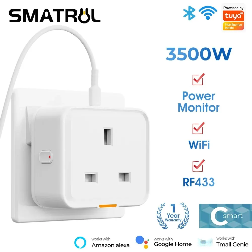 Tuya WiFi RF433 Smart Plug UK, Smart Socket, WiFi Plug Type-C 16A Adapter Power Monitoring Timer Voice Assistant