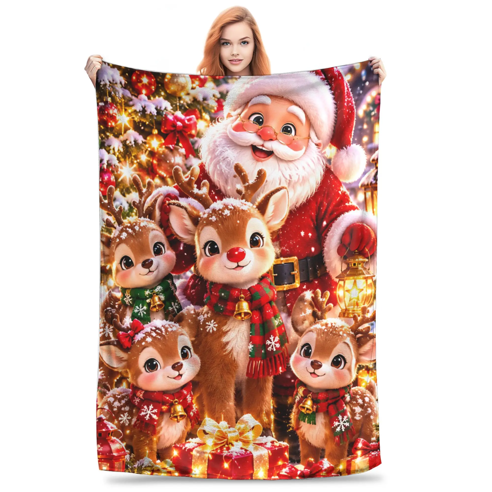 1PC Home Cutecore Room Decor Golden Lantern Santa Four Little Lights Blanket Throw Blanket  Novelty Warm Blanket All Season