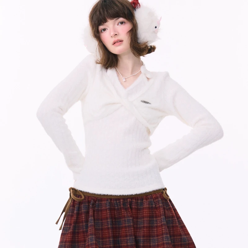 2025 خريف شتاء جديد تويست التخسيس المرأة قاع قميص علوي الأمريكية الرجعية تصميم الرسن بلوفر مغزول البلوزات السيدات #6