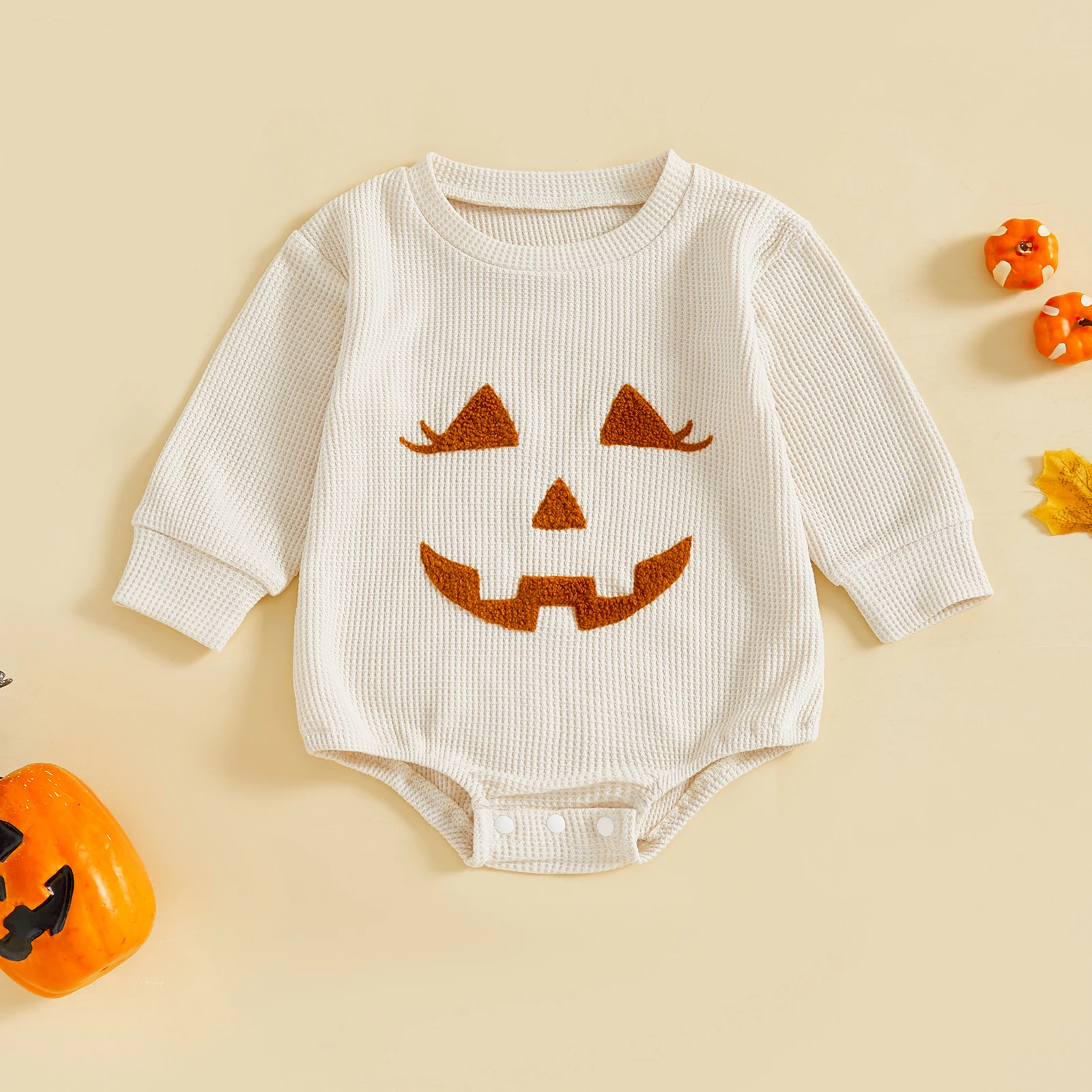 

Baby Halloween Sweatshirt Romper Pumpkin Face Print Long Sleeve Round Neck Waffled Jumpsuit