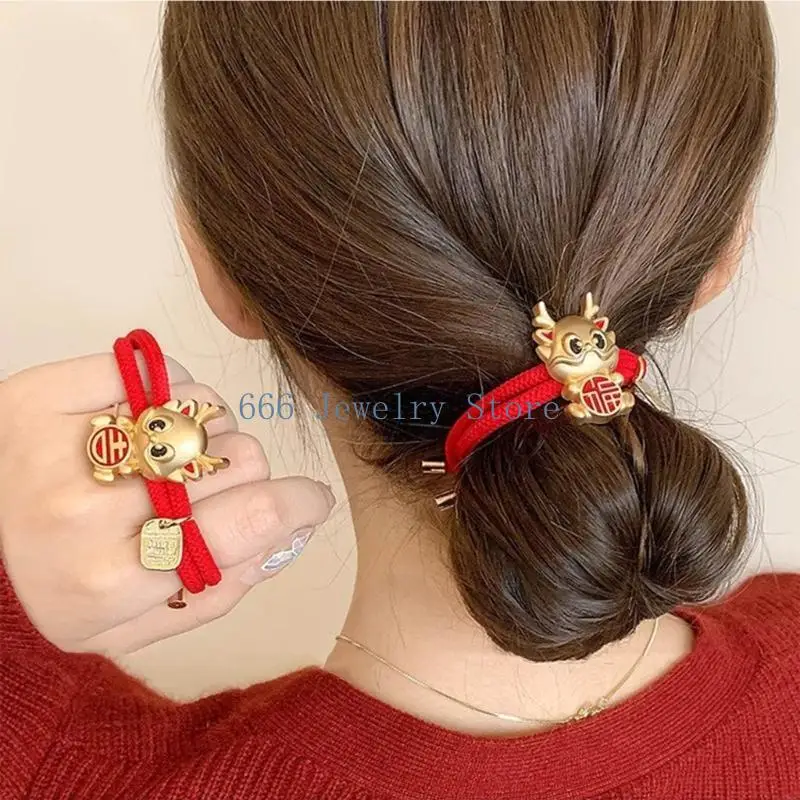 F2TD Chinese New Year Elastic Hair Bands for Women Girls Cartoon Dragon Scrunchies Hair Ties Ponytail Holder Hair Accessories