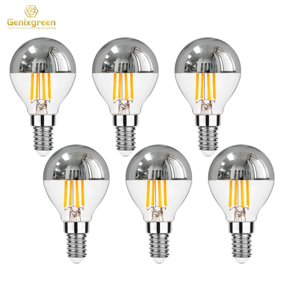 Genixgreen E12 E14 LED Mirror Light Bulb Dimmable 4W G45 Top Silver Crown Globe 2700K Decor Corridor G14 Half Chrome Edison Bulb