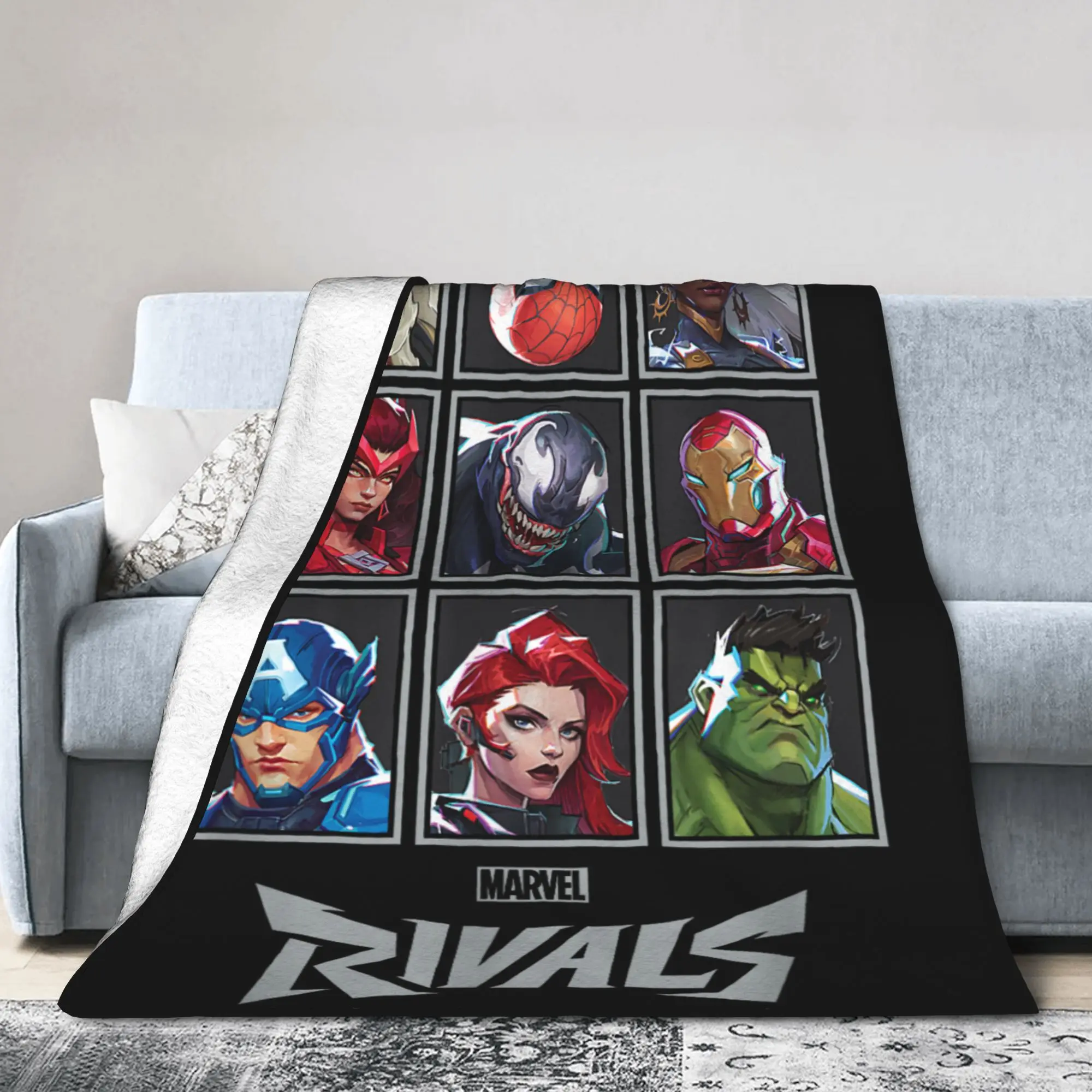 Marvel-Rivals Character Grid Fleecedecken PVP Game Neuheit Überwurfdecke für Zuhause 150 x 125 cm, superweich