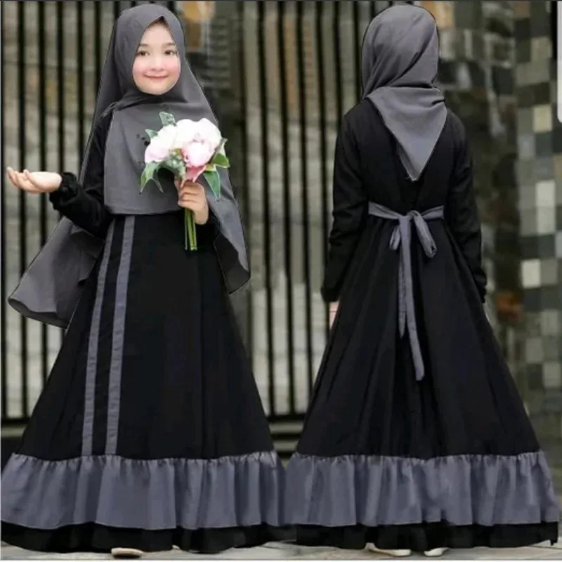2pcs Set Muslim Prayer Dress Abaya for Girls Baby Kids 1-10Y Islamic Burka Jilbab Contrast Color Front or Back Lace-up Elegant