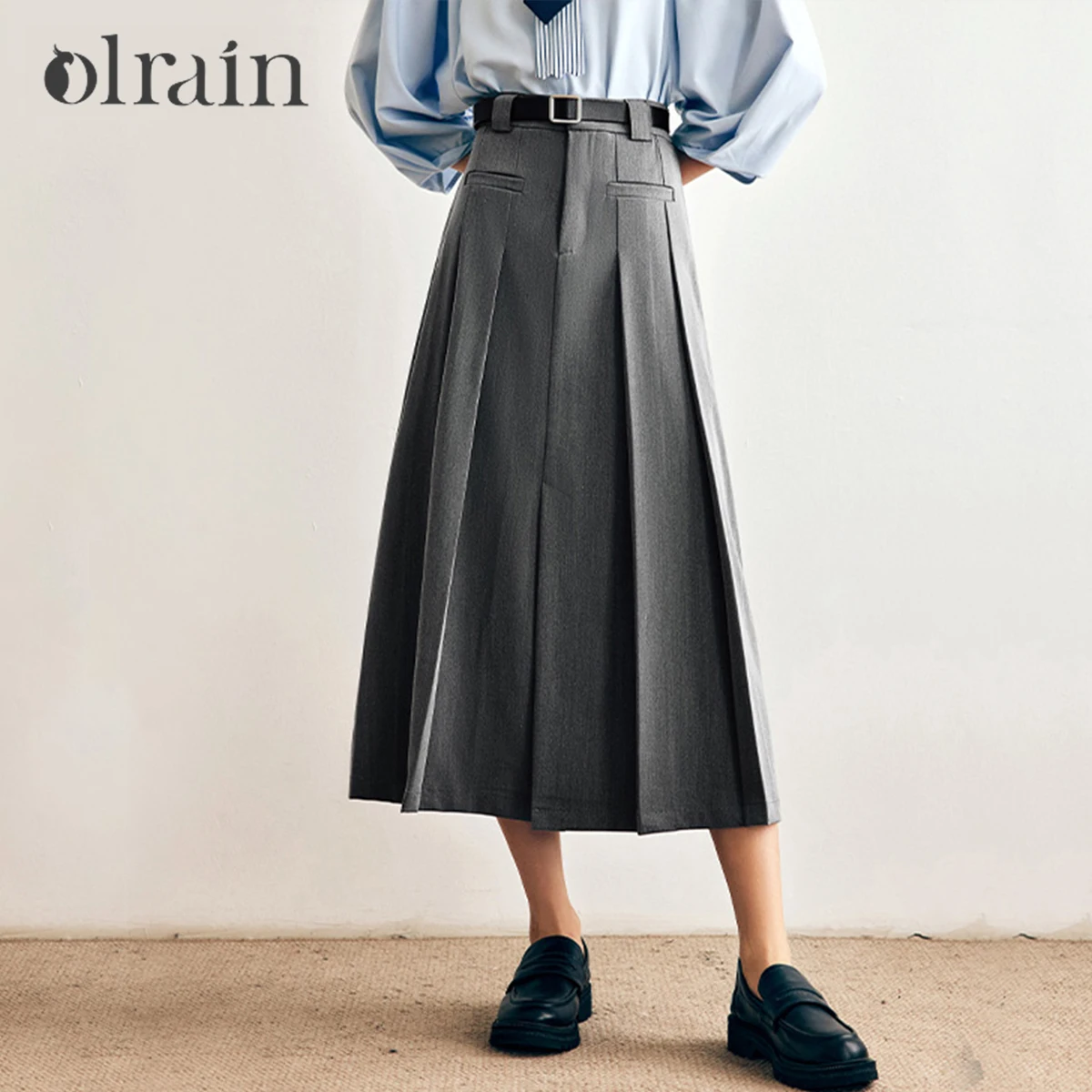 OLrain Women's French Skirts Autumn 2026 Solid Pleated High-waist Skirt Fashion Elegant A-line Female Clothes O57QB66908