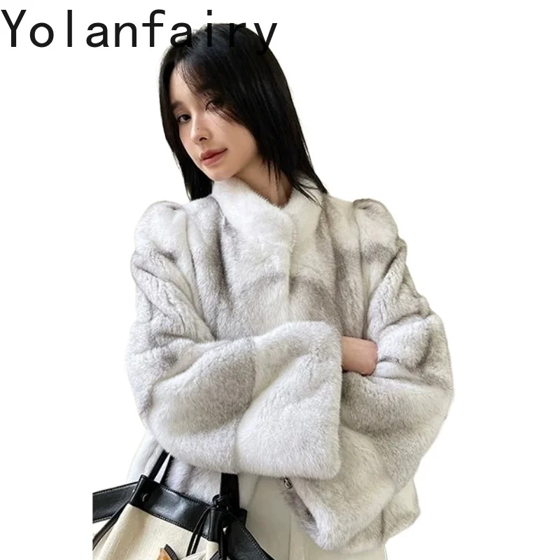 YOLANFAIRY Purple Label Velvet Mink Fur Coat Furry Overcoat Real Fur Jackets Outerwear Winter Jacket Women Tops Short  Дубленка