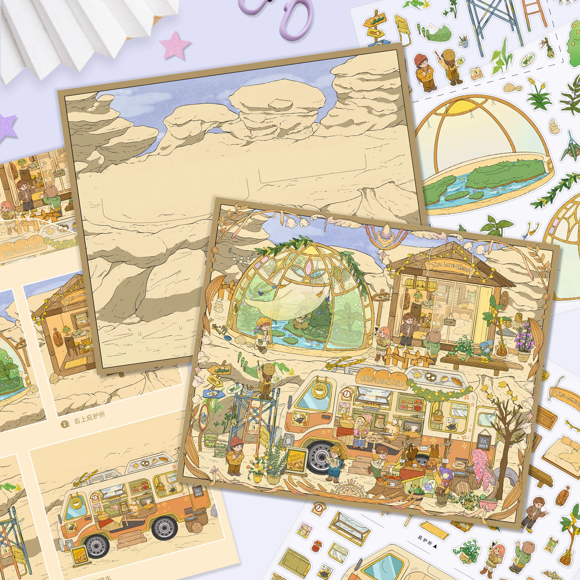 HEYBAO 13.0 4pcs Cute Office Daily 3D Scene Stickers, DIY Mini House Landscape Craft Toys, Casual Daily Gift