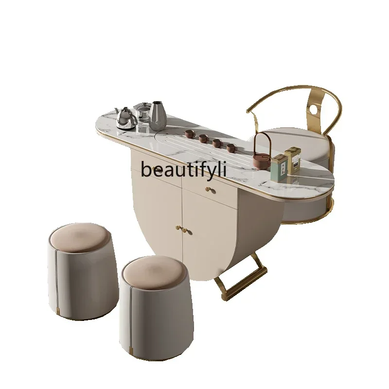 

A26 Light Luxury Tea Table Small Apartment Home Stone Plate Solid Wood Modern Minimalist Tea Table Office Kung Fu Tea Brewing Pa