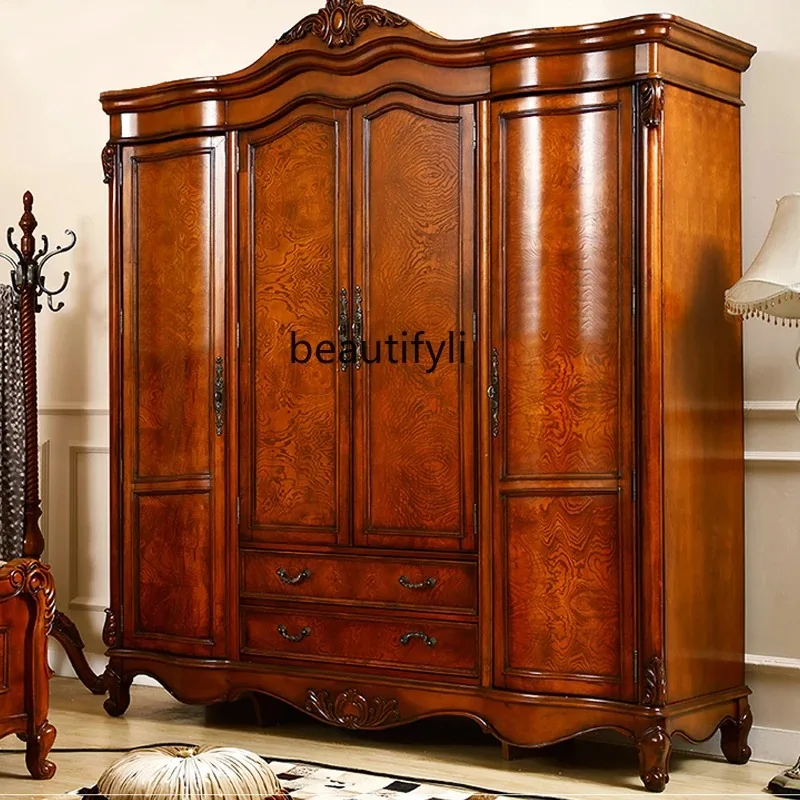 AY55   American solid wood four-door large wardrobe European simple wardrobe bedroom villa retro cloakroom, locker