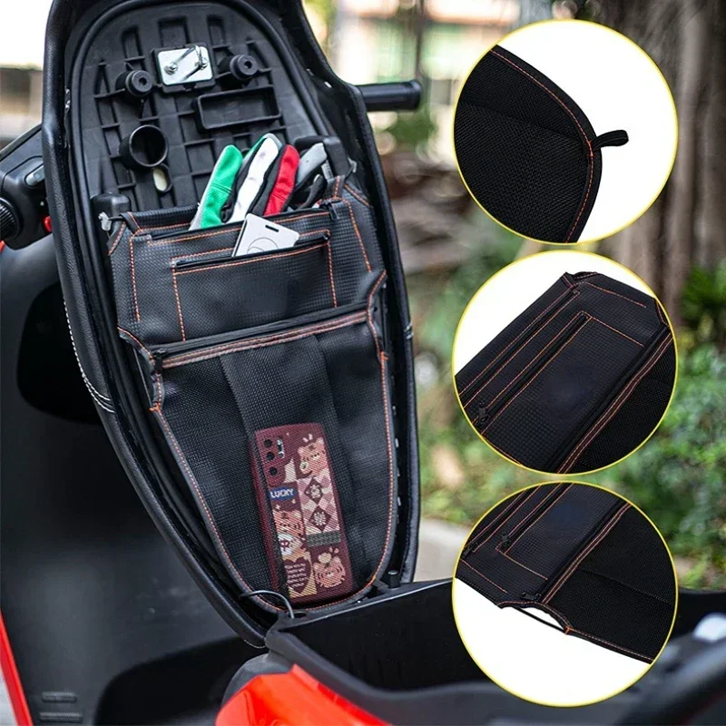 Motorcycle Scooter Seat Bag Tool Storage Motorcycle Scooter Seat Bucket Sundries Bag Zipper PU Leather Modification Accessories