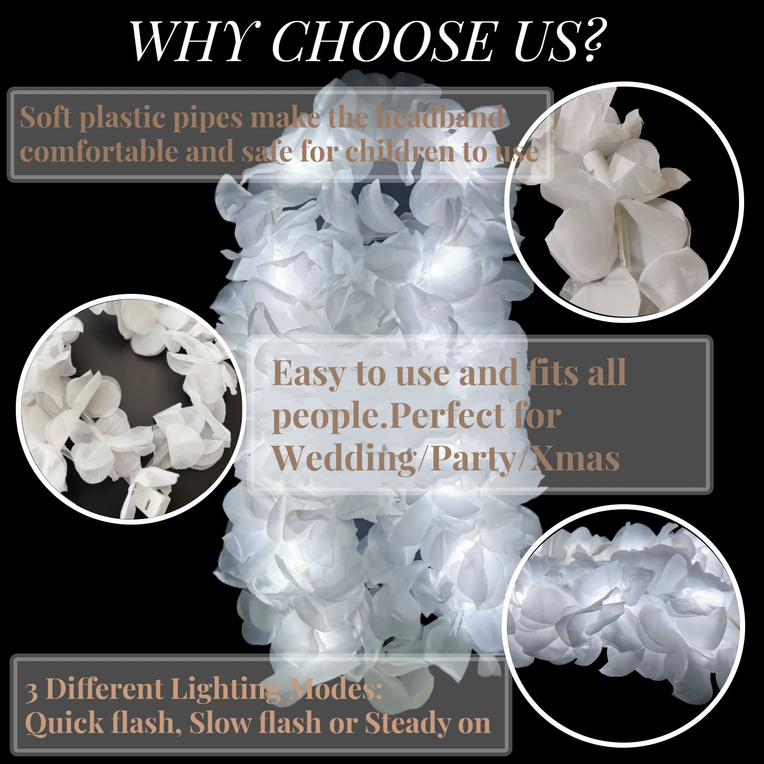 12-48Pcs LED Hawaiian Leis White Floral Headband Light Up Flower Crown for Women Luau Party Beach Wedding Supplies