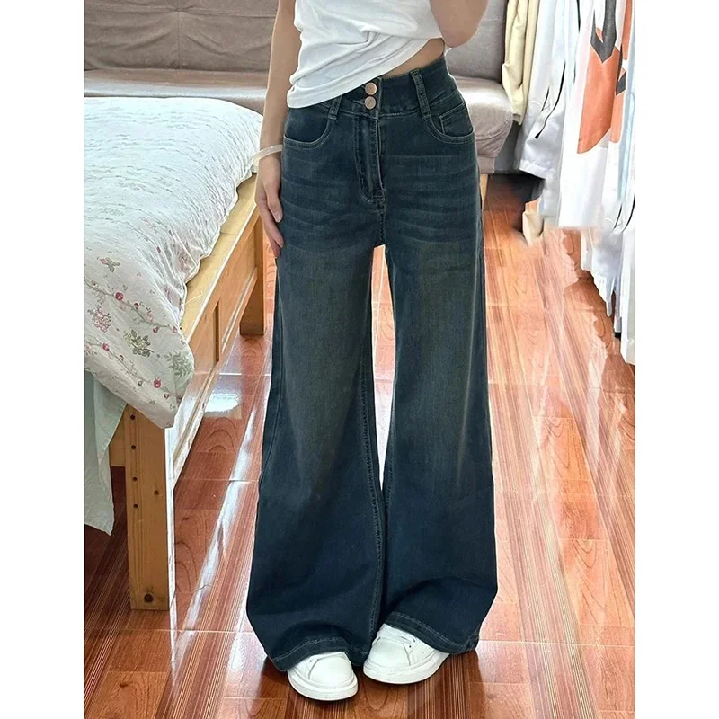 Lady Korean High Waist Casual Daily Jeans Women Retro Fashion Blue Long Pants Girls Chic Straight Leg Denim Trousers