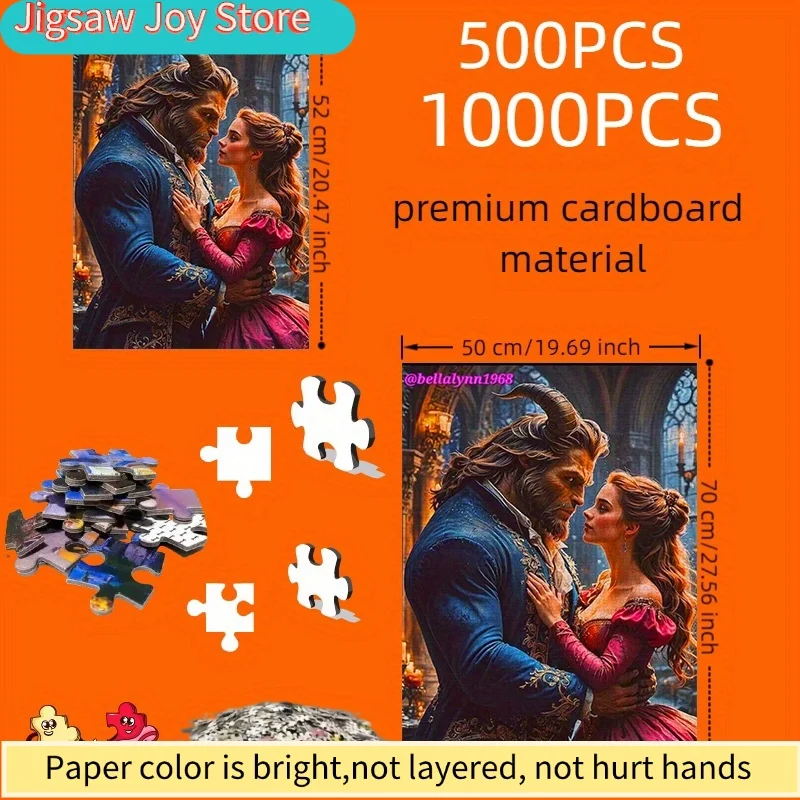 Disney-puzzel, doe-het-zelf-papierpuzzel, romantische scène van Belle en het Beest, Belle en het Beest, verdikt wit kaartmateriaal, geschikt voor