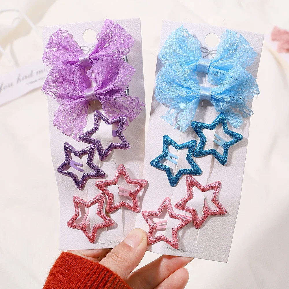 6pcs/set Children Lovely Hair Clips Set Lace Bow Barrettes Y2k Five Star BB Clips for Hair Bangs Hairgripes Girls Headwear Set