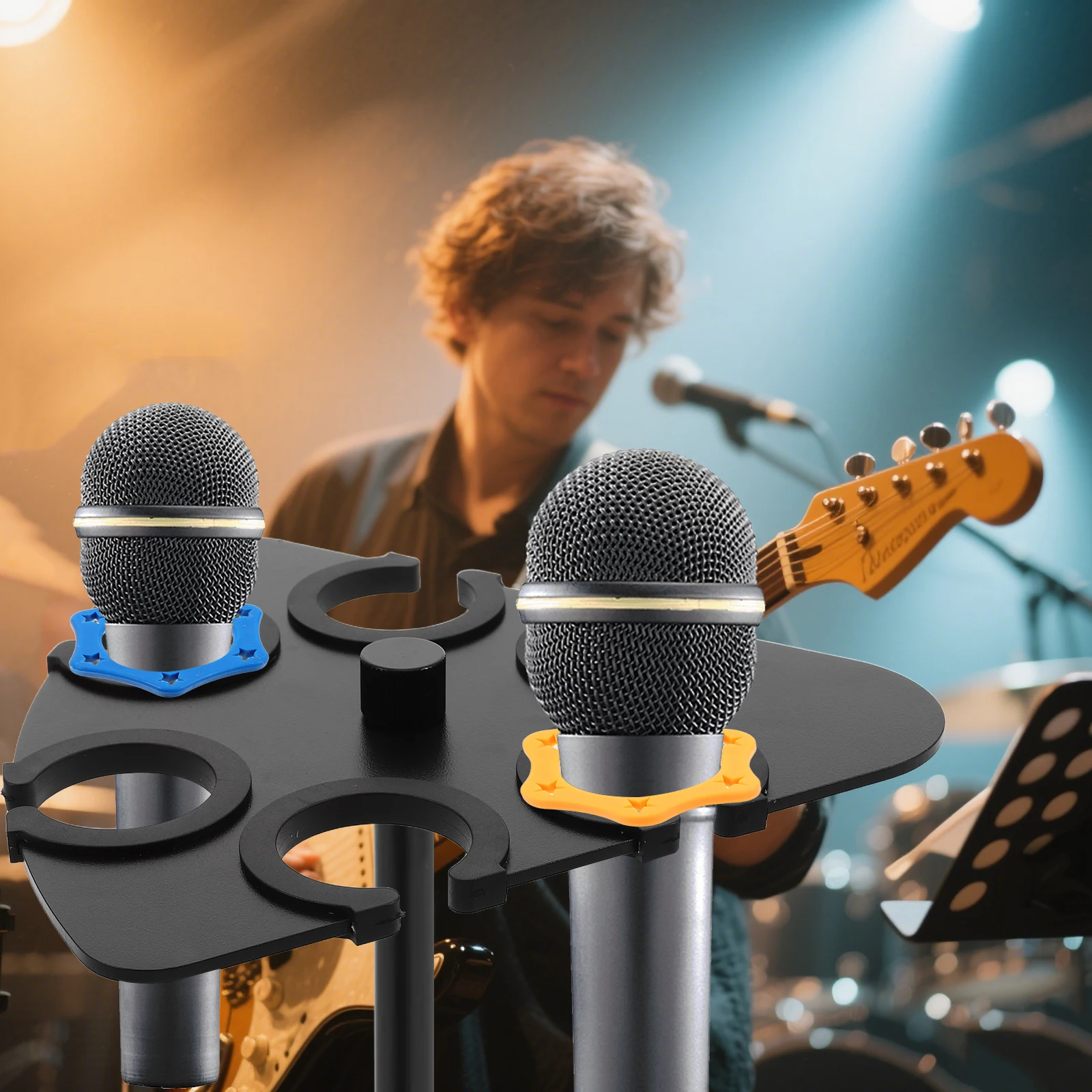 

1 set Multi Mic Holder Microphone Stand Tray Shockproof Storage Bracket for Wired Wireless Stage Mics Triangular Design Durable
