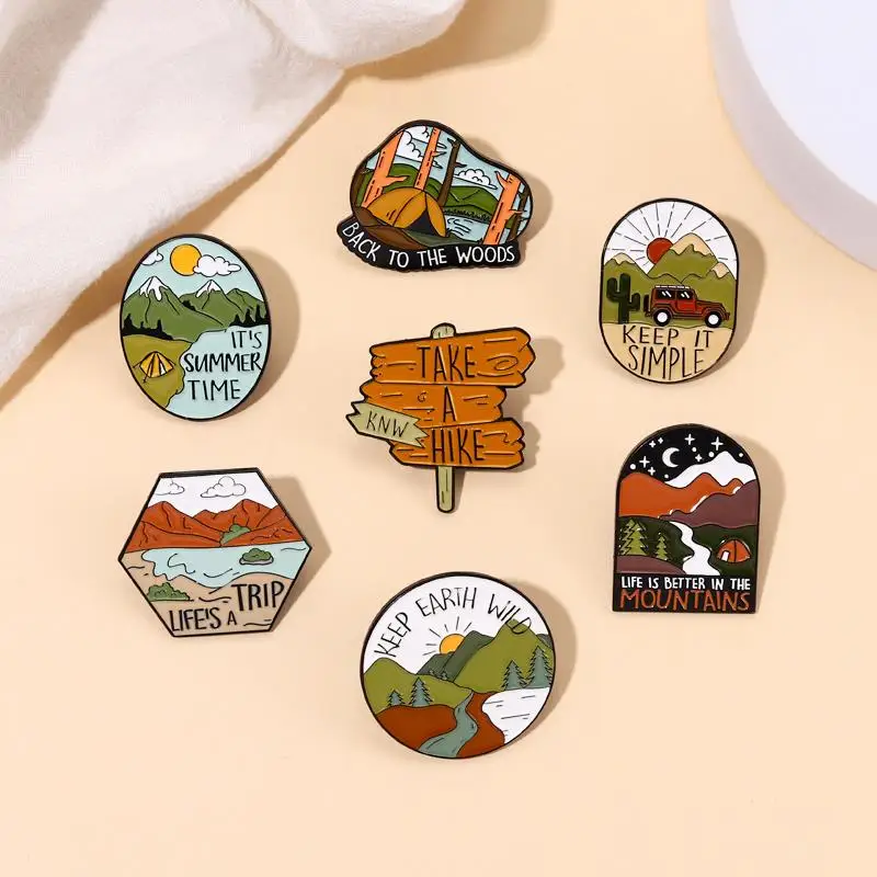 Camping Outdoors Enamel Pins Custom Wild Hiking Adventure Mountain Trip Brooches Lapel Badges Funny Jewelry Gift for Friends