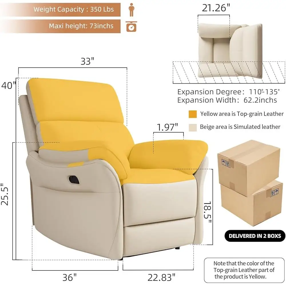 Genuine Leather Recliner Chair High Back Lumbar Support Ergonomic Comfort Manual Adjustment Living Room