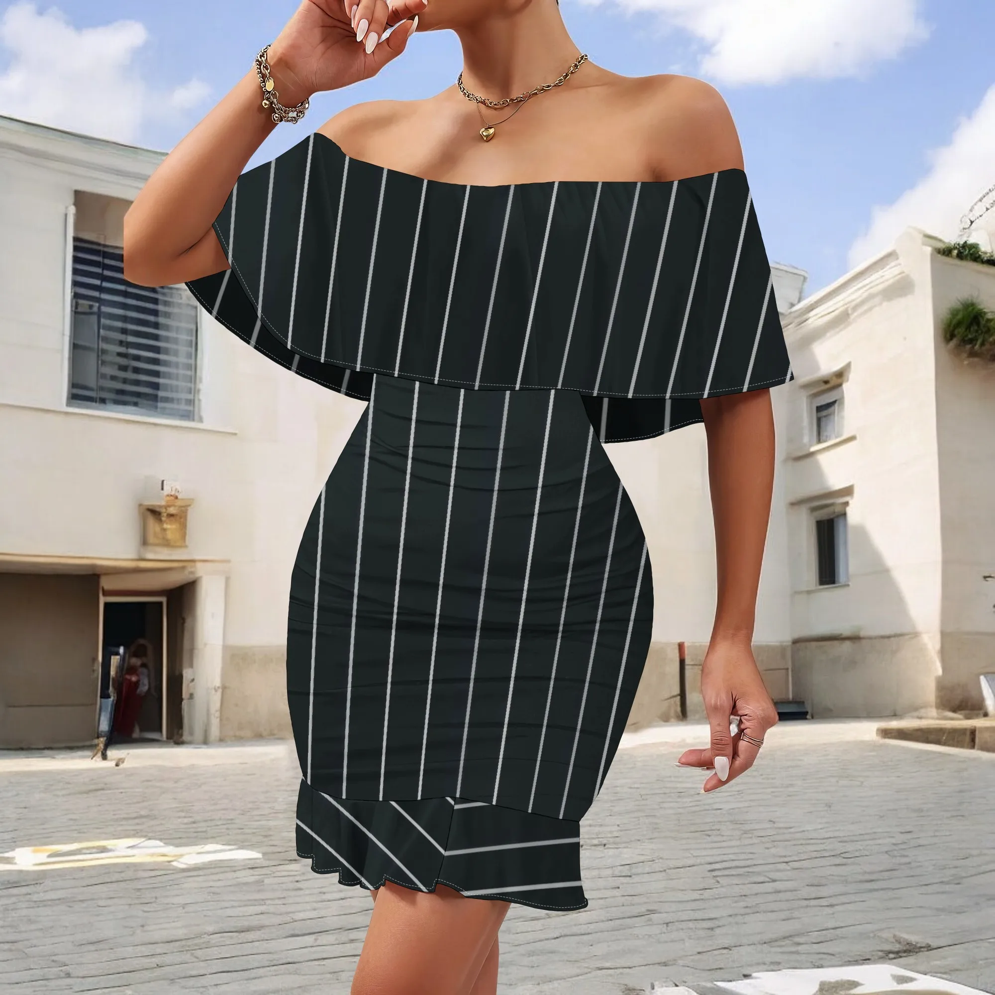 

S-3XL Women Retro Striped Off Shoulder Mini Dress Sexy Ruffle Bodycon Short Dress Summer Nautical Style Beach Club Party Dress
