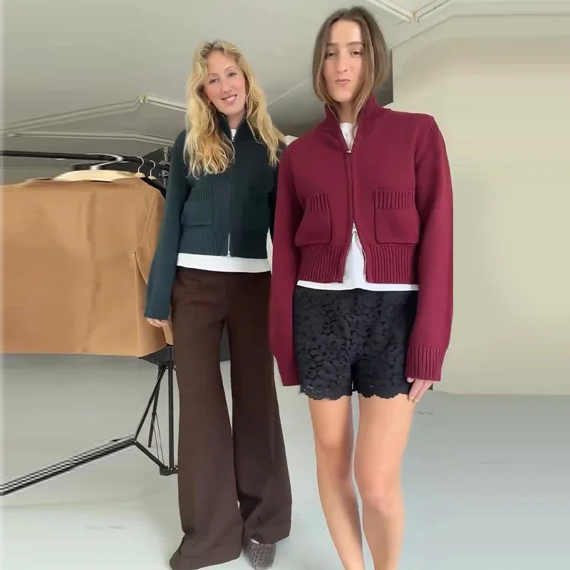 Damenmäntel mit Stehkragen, Doppelreißverschluss, kurzer Strickcardigan, Herbst, Damen, lange Ärmel, Taschen, einfarbig, schlanke Strickwaren, neue Oberteile – Detail 26