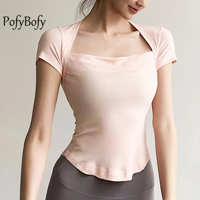 PofyBofy Quick Dry Curve Hem Slim Fit Square Neck Lekka, rozciągliwa koszula z krótkim rękawem Fitness Joga Codzienne damskie topy na brzuch