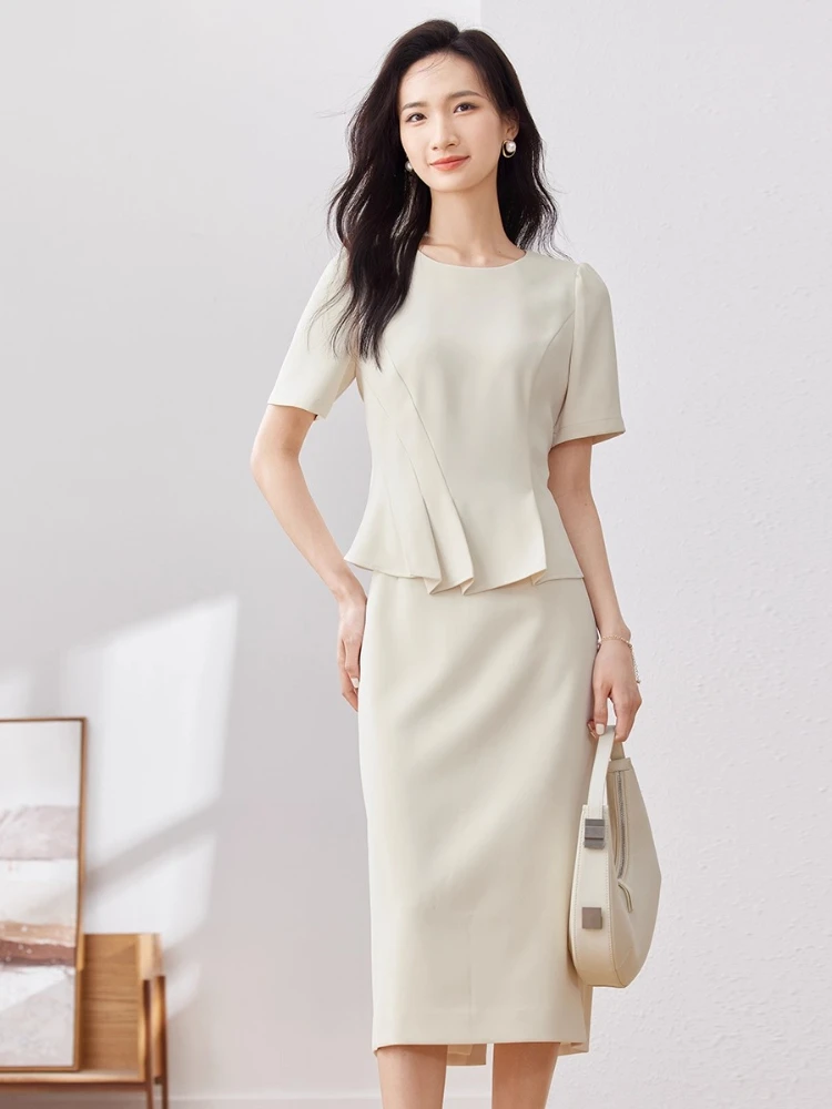 

Sentubila Fresh Casual Skirt Set For Woman 2025 Summer Asymmetrical O-neck Ruched Short-sleeved 2 Piece Dress Set 132Z49862