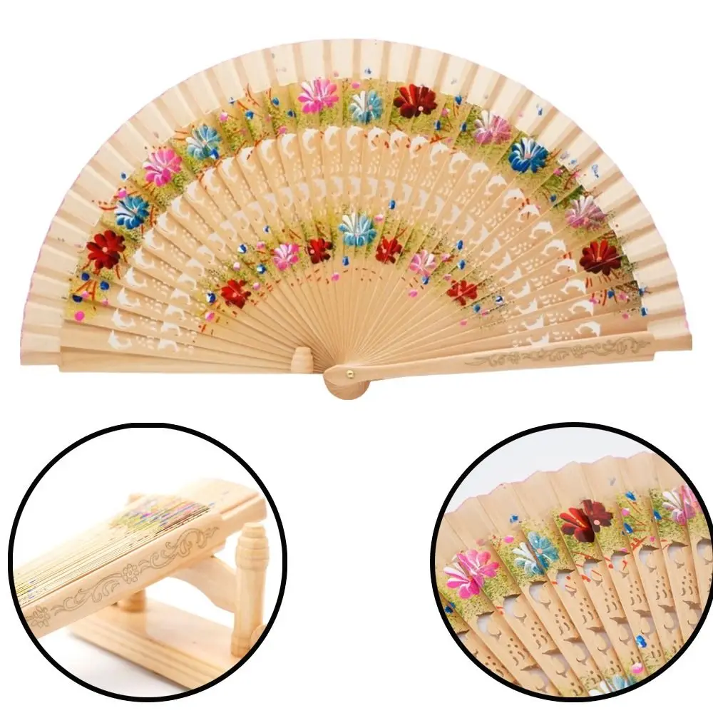 Hollow Out Design Wooden Folding Fan Folding Mechanism Painted Surface Painted Fan Double Sided Double Sided Fan Wedding Favors