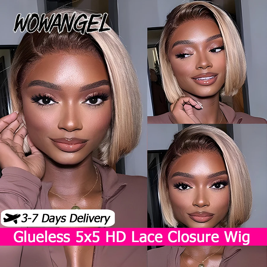 

WOWANGEL Ombre Ash Blonde 5x5 HD Lace Closure Wigs Pre-Bleached Short Bob Wigs 100% Human Hair Straight Glueless Wigs For Women