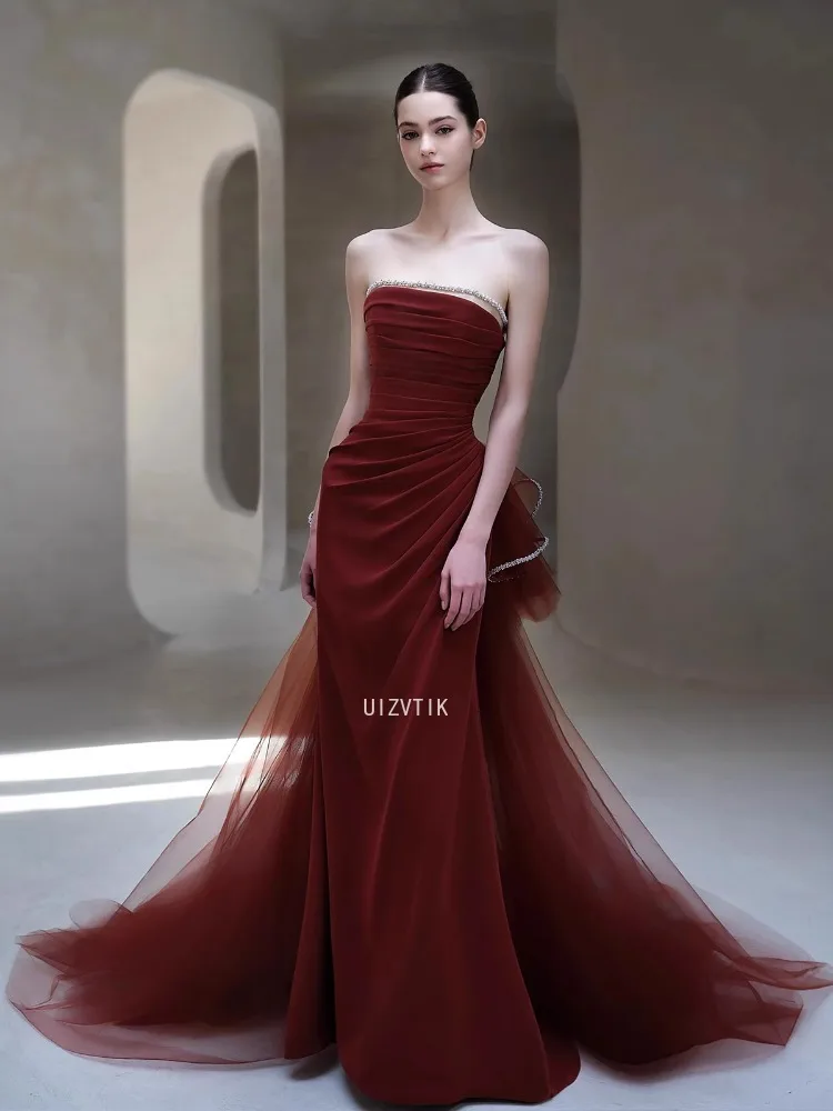 فساتين سهرة بدون حمالات باللون الأحمر الخمري للنساء حورية البحر الفاخرة الخفيفة مع ذيل تول لحفلات الزفاف فستان أنيق للمناسبات الرسمية