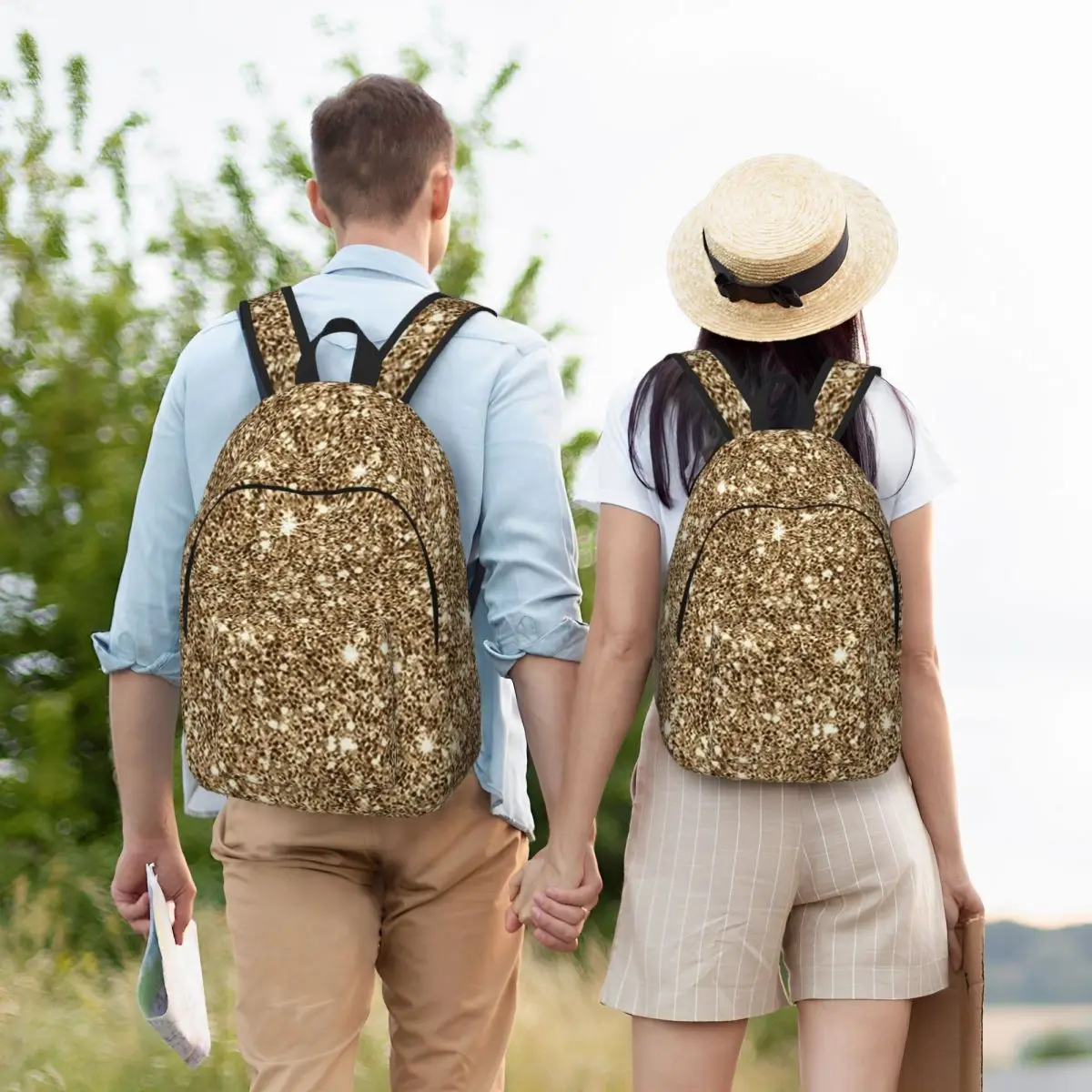 Gold Glitter Printing Student Backpack School Bag Hiking Travel Daypack for Men Women Bookbag Shoulder Bags