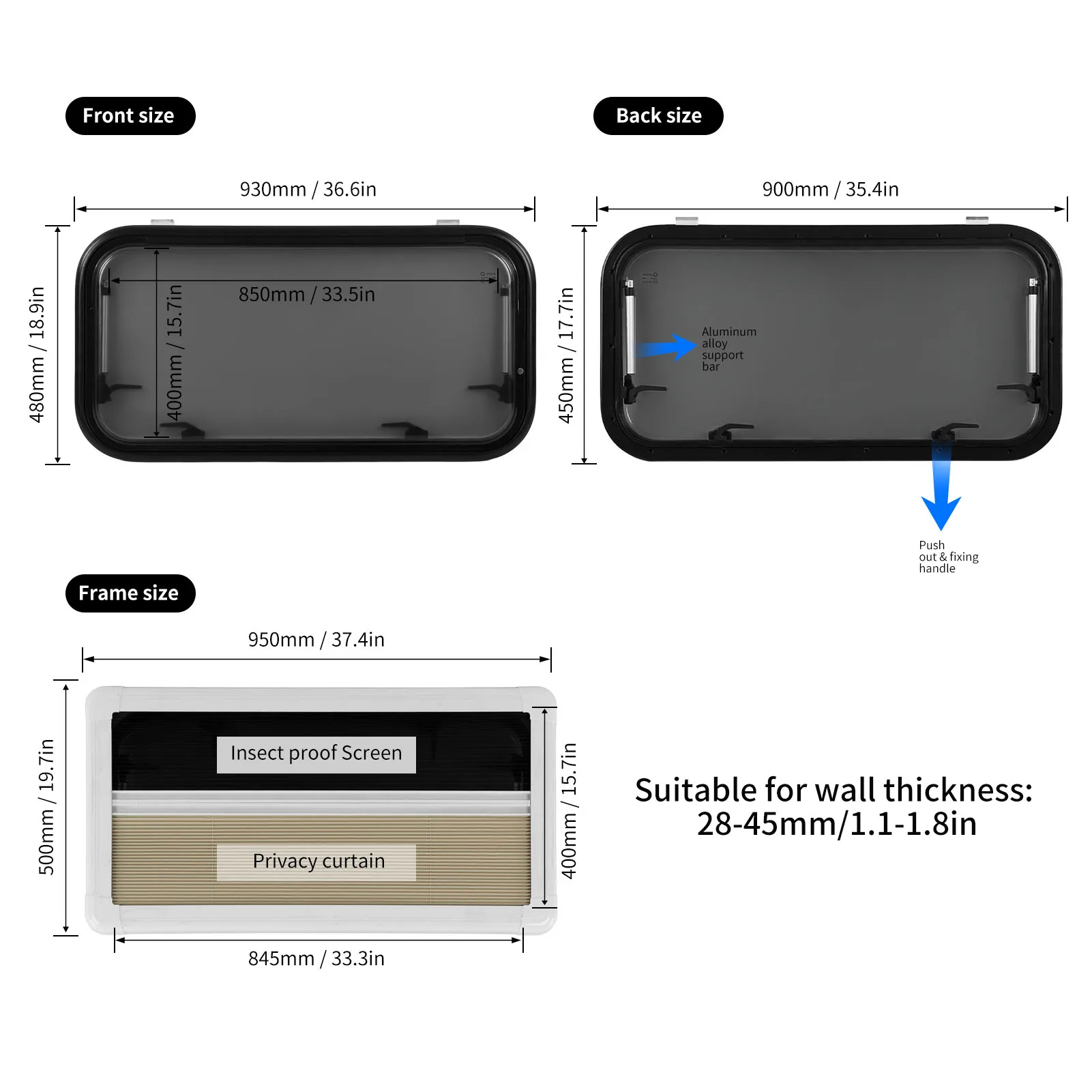 외부 출구 창 75 °   개방 각도 지원 막대 곤충 그물 캠핑카용 이중층 아크릴 유리 RV 푸시 아웃 창