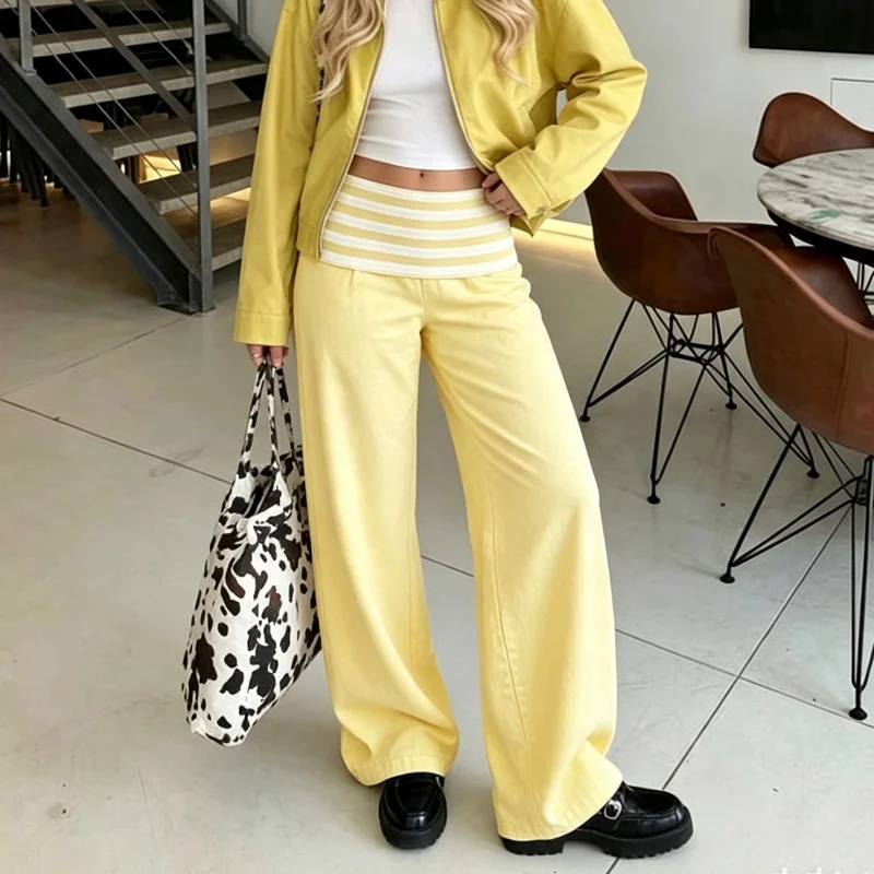 Y2K Fold Over Stripe Waist Pants Women Low Rise Wide Leg Trousers Aesthetic Grunge Loose Sweatpants Streetwear