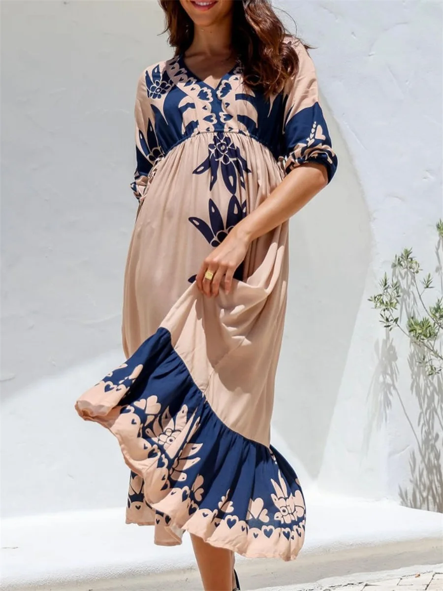 Women s Summer Bohemian Dress Half Sleeve V Neck Long Drawstring Vacation Dresses