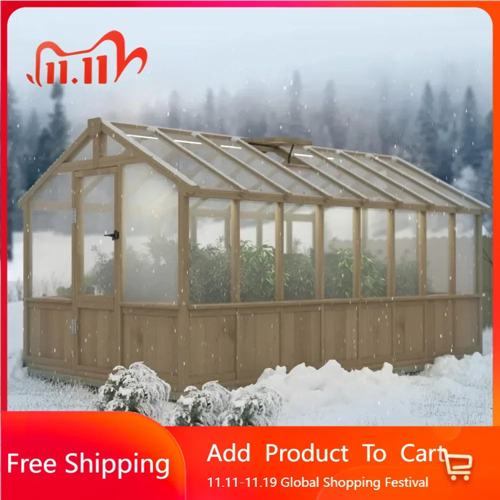 8'x 16 'wooden outdoor greenhouse with ventilation windows and lockable doors, walk-in greenhouse, suitable for outdoor use