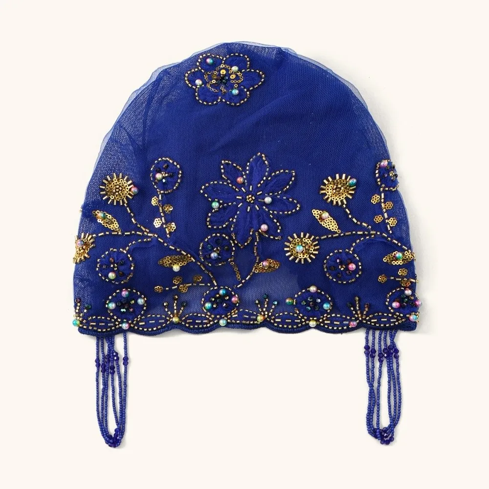 

Mesh Turban Shiny Beads Turban Hat Flower Embroidery Sheer Mesh Fishtail Cap Long Tassel Pre-tied Beaded Bonnet Religious Prayer