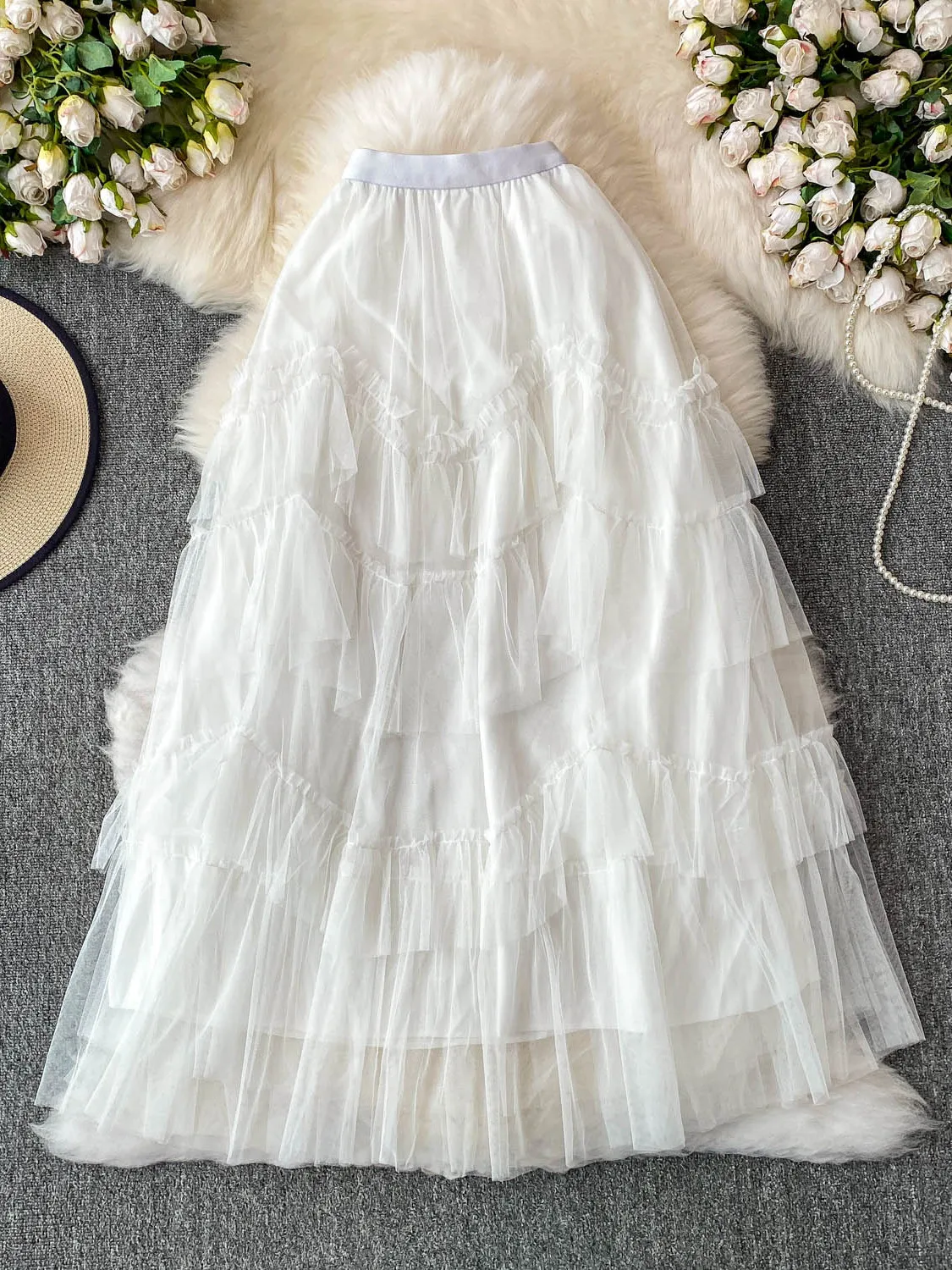 Saia de bolo branco f novo estilo tamanho pequ versátil cintura alta emaecimento malha de fadas crimento médio...