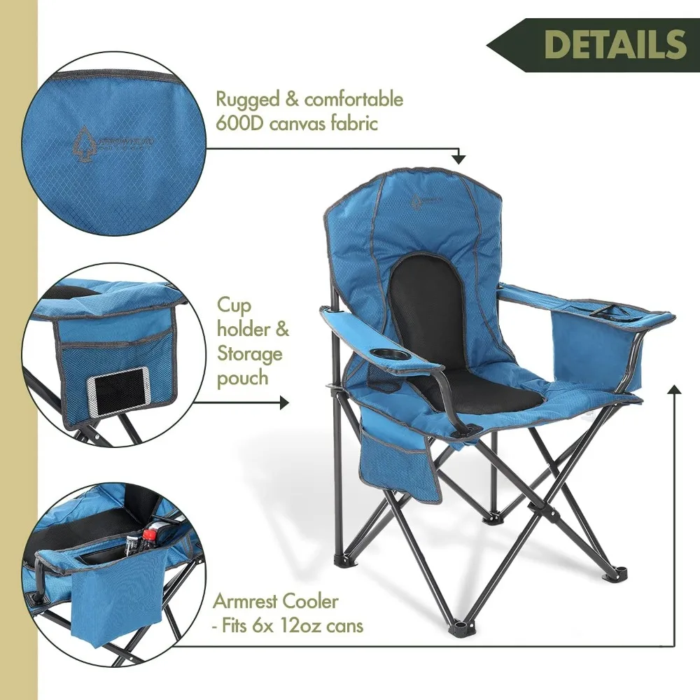 Chaise de camping pliante portable avec refroidisseur à 4 canettes, porte-gobelet et sac de transport robuste pour un transport facile