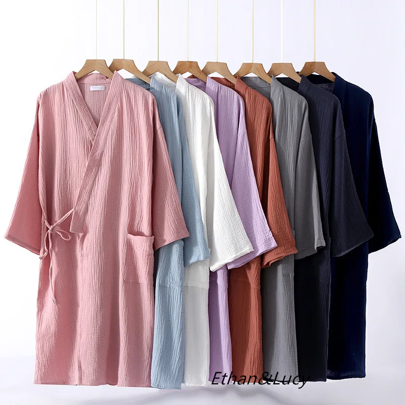 Albornoz de gasa de crepé para parejas, bata de algodón 100% sólida de manga larga con cuello en V, Kimono, batas de boda, ropa de dormir de talla