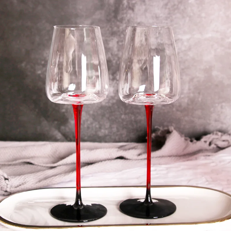 350ML  European Style Red Wine Glass Black Bowtie Model  Hand-blown  Red Stem  Black Bottom Tall Grape Glass  Bordeaux Champagne