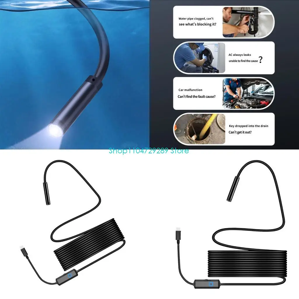 D8KE Machine Interior Camera with USB Endoscope Lens, Phone Screen Display, 5m Guide Cable and 6 LED Beads for Engine Bay and