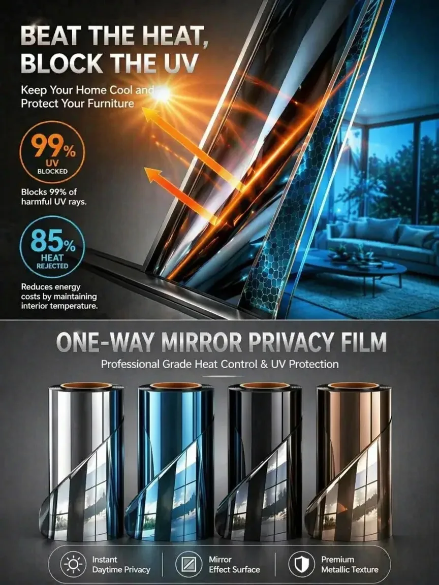 Energy Saving Window Film Self Adhesive Heat Control One Way Mirror UV Block Sun Block for Home Office Glass Door