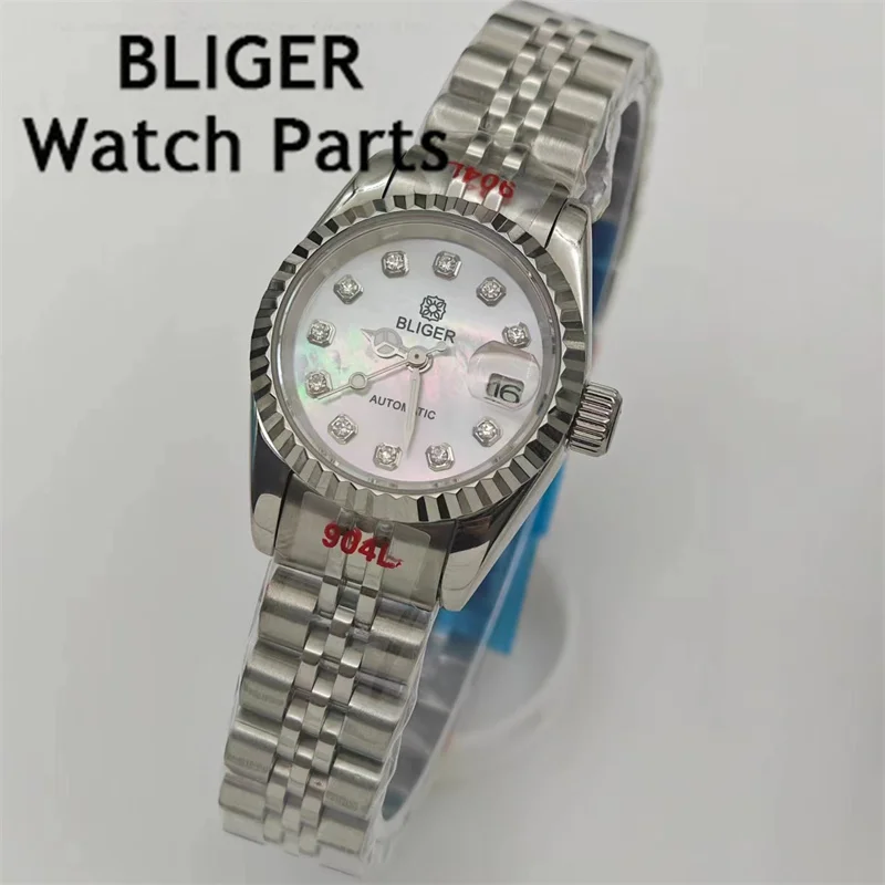 BLIGER 26mm Luxury Women\'s Watch Diamond Pink Mother Pearl Shell Dial Sapphire Glass NH05 automatic movement waterproof