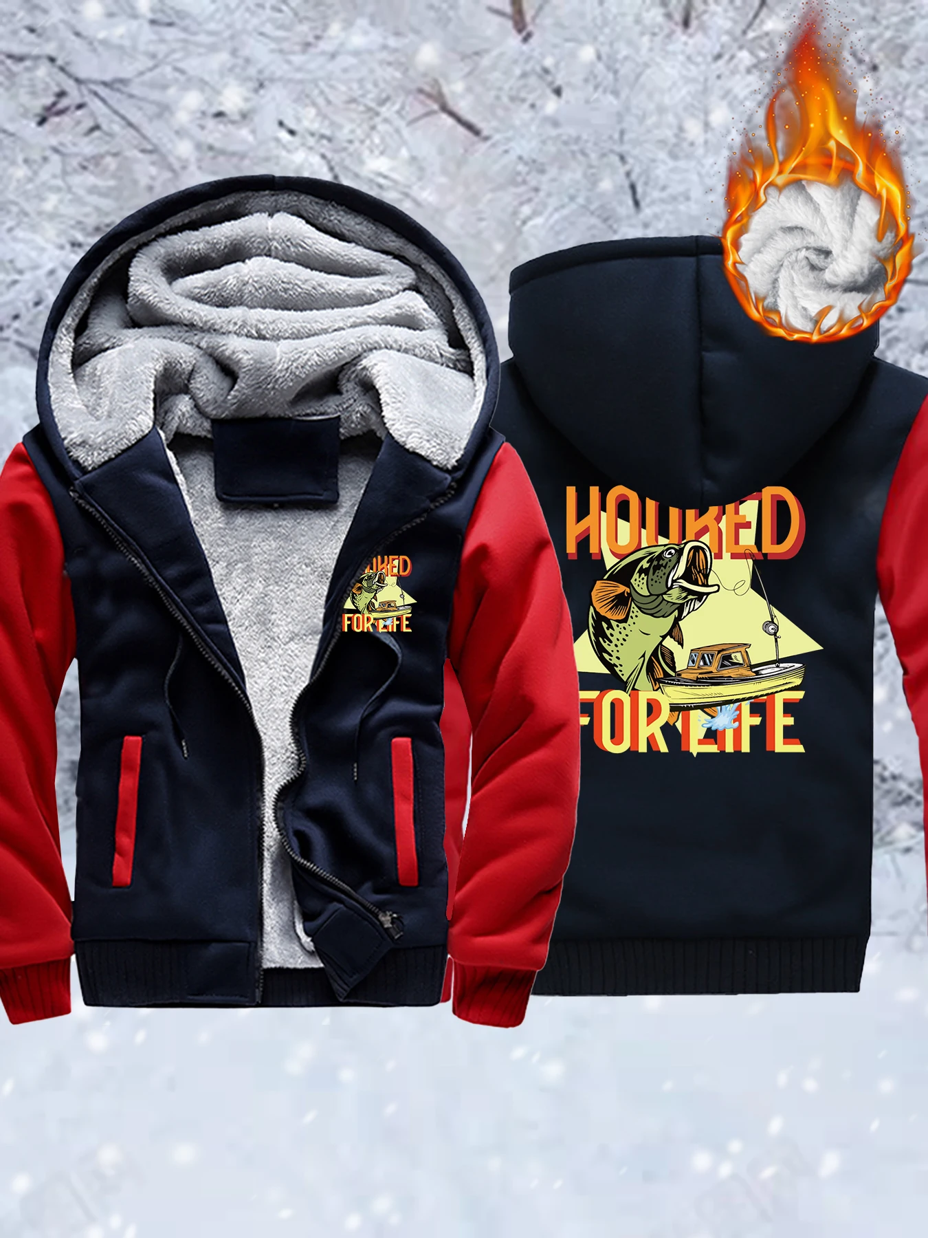 

Hooked For Life Fishes Printed Men Zipper Hoodies Hip Hop Fleece Thicken Coats Street All-Match Jackets Oversized Winter Clothes