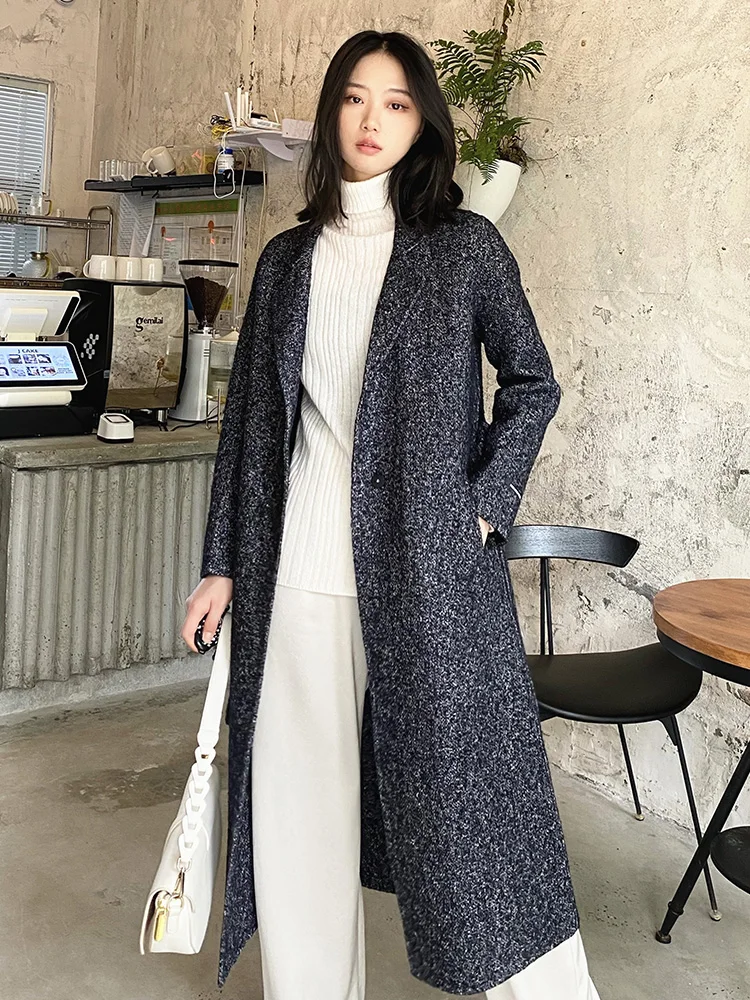 

Autumn Winter Thiened Double-breasted Woolen Coat Long Length Tweed Material Women's Jaet Sli Busin Casual Sle