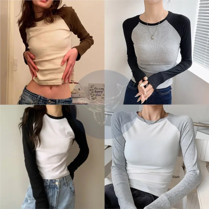 Retro Patchwork Ribbed T-shirt Women Autumn Casual O-Neck Cotton Long Sleeve Tee Shirt Vintage Streetwear Chic T Shirt Y2K Tops