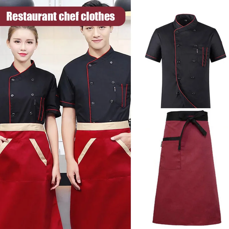 Setelan Musim Panas Lengan Pendek Koki Pakaian Kerja Dapur Hotel Restoran Jaket Tipis Sejuk Pria Wanita Remaja + Topi + Celemek Mantel Masak