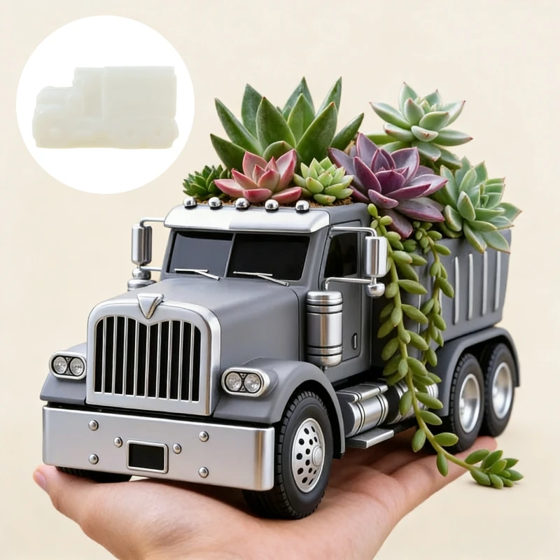 Molde de silicona de resina para maceta de plantas suculentas con forma de camión, caja de almacenamiento, molde de cemento/hormigón para camión, molde de yeso para portavelas